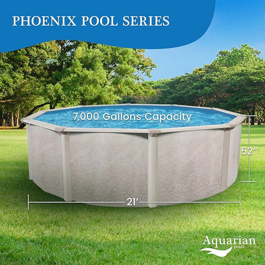Aquarian Above Ground Swimming Pool, Phoenix Steel-Frame, Round, 21' x 52", Tan - Large Heavy-Duty Outdoor Family Pool for Backyard, Patio, and Yard