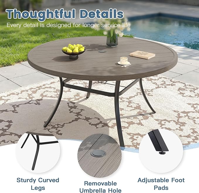 DIFY Patio Round Dining Table, 53" All Weather Round Outdoor Table with 1.57" Umbrella Hole for 8 Person, Perfect for Yard, Balcony and Lawn, Grey Wood-Like