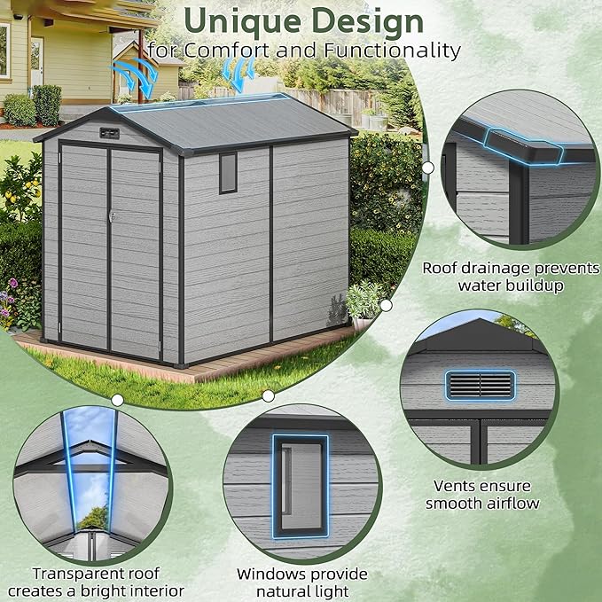 6×8FT Plastic Outdoor Storage Shed, Double Door Tool Shed with Transparent Roof and Vent, Lockable Door with Key, Storing Patio Furniture, Gardening Tools, and Bicycle Accessories.