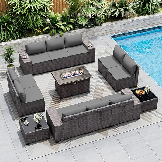 Outdoor Patio Furniture Set with Fire Pit Table, 13 Pieces Outdoor Furniture Set Patio Sectional Sofa w/43in Propane Fire Pit, PE Wicker Rattan Patio Conversation Sets - Grey