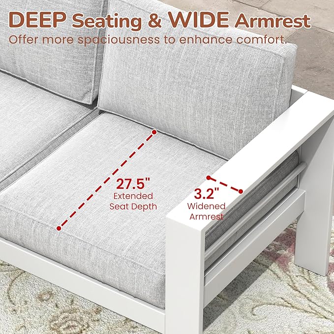 Solaste Aluminum Patio Furniture Set with Fire Pit Table, 4 Piece Metal Outdoor Furniture with Water-Resistant Cushions, Modern Patio Conversation Set for Balcony, Front Porch, and Backyard, White
