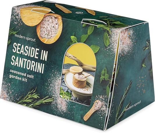Modern Sprout Travel Trio Seaside in Santorini; Travel-Inspired Seed Kit with Salt Cellar, Organic Seed Starting; Gardening Gift (Seaside in Santorini)