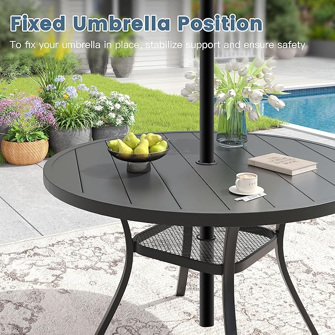 DIFY Outdoor Dining Table for 4, Round Patio Table with Umbrella Hole for Garden, Backyard and Porch (Black)