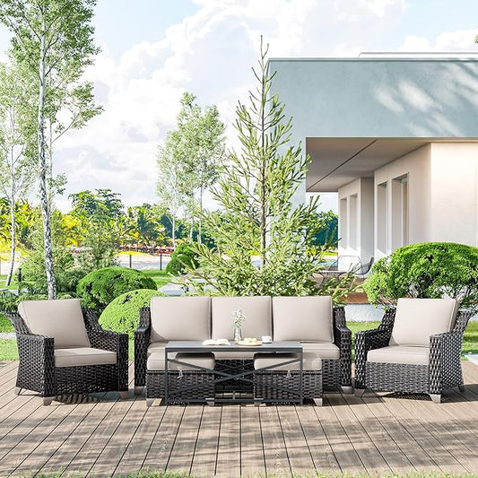 6 Pieces Wicker Patio Furniture, Luxury Outdoor Conversation Sets with 2 Patio Rattan Chair, 3-Seater Sofa, 2 Patio Ottoman and 1 Coffee Table, Wide Armrest, Thickened Cushions
