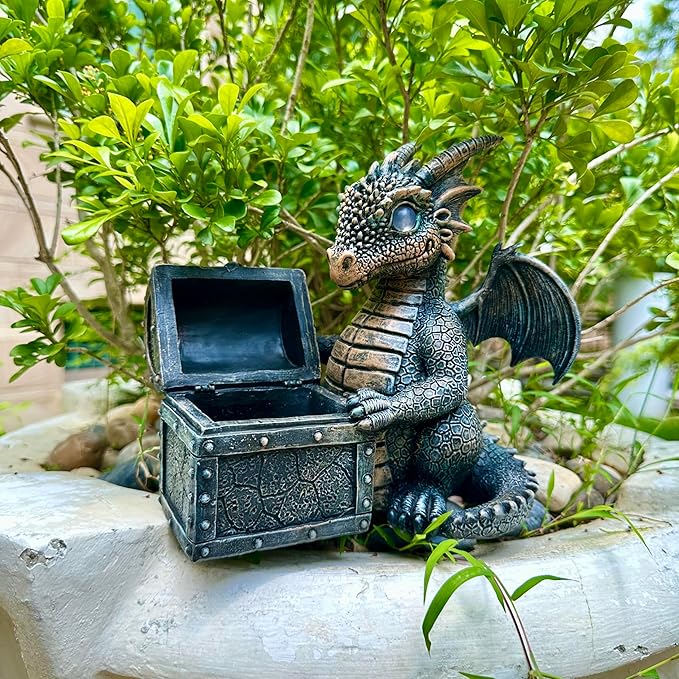 Jy.Cozy Garden Dragon Statue Solar Powered Outdoor Figurine Light Decor Cute and Hold Glowing Treasure Chest Resin Sculpture Home Decoration for Porch Patio Lawn Farm Yard Housewarming Ornament Gift