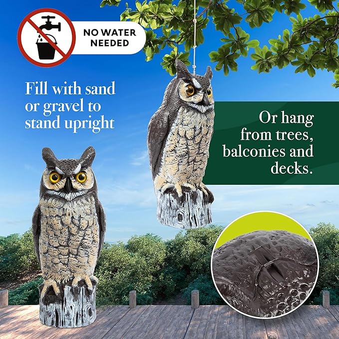 Dalen Large Fake Owl Decoy to Scare Birds Away - 16 in Hand-Painted Great Horned Owl Garden Scarecrow for Natural Pest Control - Fixed Head Design - Secure Upright by Filling with Sand/Gravel Only