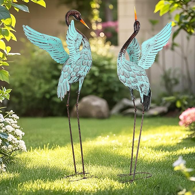 Ultym 47.5" Extra-Large Blue Heron Decor, Handcrafted Metal Crane Statues with Stable U-Ground Stakes, Backyard Decoration, Metal Garden Bird Animal Yard Art, Lawn Ornament