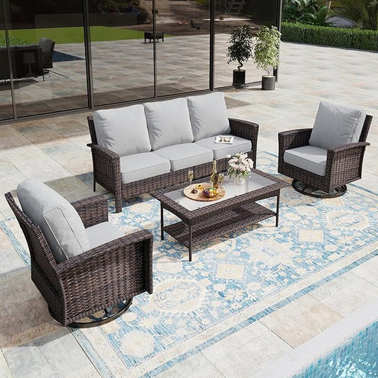 4-Piece Wicker Patio Furniture Set with Swivel Chairs, High Back Outdoor Sofa with 5.5-inch Thick Cushion, All-Weather Wicker Patio Conversation Set for Deck Yard Pool, Grey