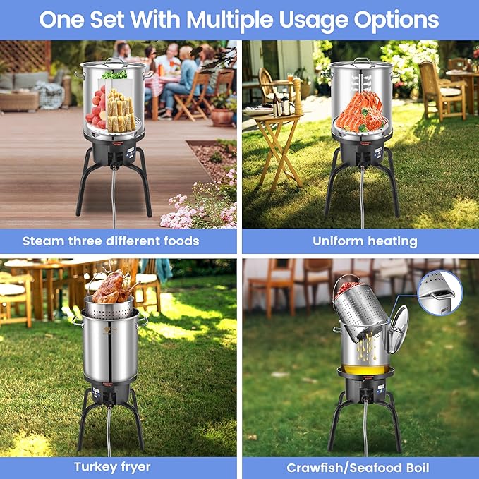 ARC 40QT Turkey Fryer Pot With Basket Kit, Stainless Steel Tamale Steamer Pot And Cast Iron Propane Burner 65,000BTU With Adjustable Legs, Crawfish Boil Seafood Boil Pot Propane Stove For Outdoor