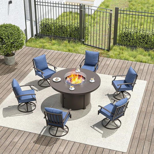 7 Pieces Patio Furniture Set with Round Fire Pit Table, Outdoor Conversation Sets 6 Swivel Chairs with Upgrade Cushions for Patio, Backyard Dark Blue