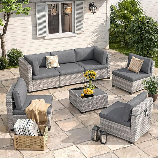 6-Seat Modular Patio Furniture Set – Outdoor Wicker Sectional Sofa with Thick 4″ Cushions, Dual-Strand PE Rattan, Rust-Resistant 18 mm Steel Frame, Backyard Garden Deck Lounge,Black