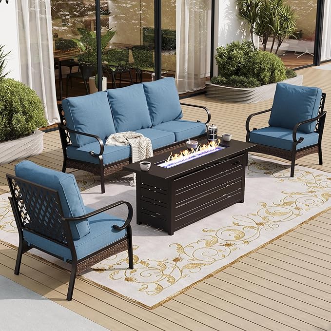 4 Piece Black Metal Outdoor Patio Furniture Sets with Firepit Table, Patio Conversation Sets 1 3-Seater Sofa, 2 Chairs with 5.75" Thick Cushion Backyard Furniture for Deck, Denim Blue