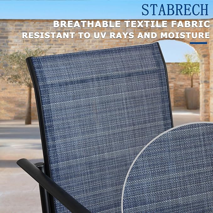 5 Pieces Patio Dining Set for 4, Dark Blue Patio Stackable Chairs and Walnut Round Table Set of 4, Outdoor Furniture Set with Sling Support for Outside, Garden