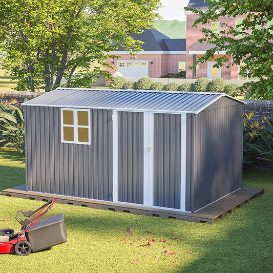 ZMAD Outdoor Storage Shed Metal, Large Garden Tool Sheds Outdoor with Lockable Doors, Waterproof Steel Utility Storage Building (Gray, 8X 12ft /Floor Frame)