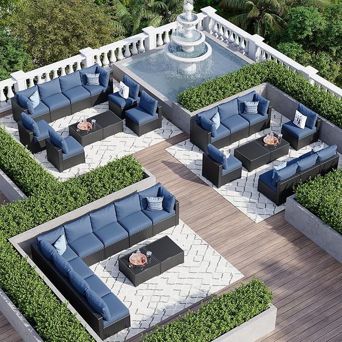 Aoxun 10 Piece Patio Furniture Set Wicker Rattan Patio Sectional Sofa Set Outdoor Seating Furniture with Thickened Cushion, Navy Blue