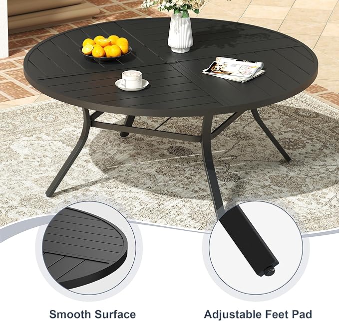 VICLLAX Round Patio Dining Table, 6 Person Metal Outdoor Dining Table with Umbrella Hole and Storage Shelf for Garden Lawn Deck, 50" Black