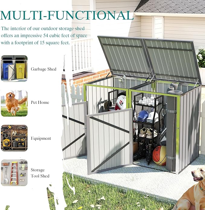 Outdoor Storage Shed Metal Trash Can Storage,54 Cu.Ft Garbage Can Storage Shed W/Lid Chain,Hydraulic Mechanism & Pneumatic Spring Support Rods,for 2 Trash Bins,Bike,Garden Tools,Light Gray