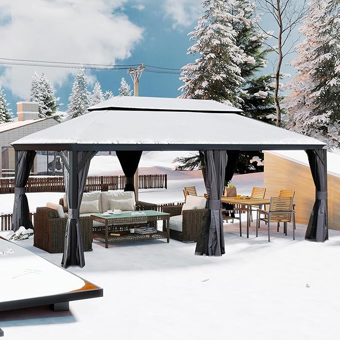 Domi 12' X 20' Hardtop Gazebo, Upgraded Metal Gazebo with Dual-Layer Resin Roof, Drainage System, Curtain and Netting, Outdoor Shelter Canopy for Patio, Garden, and Backyard, Grey