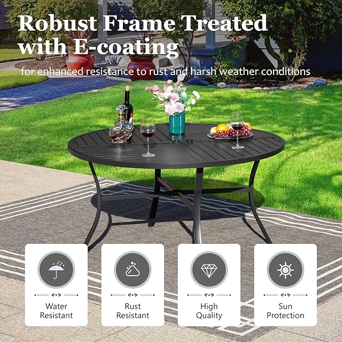 HERA'S HOUSE 42" Round Patio Table with Umbrella Hole, Outdoor Dining Table for 4, Black Metal Table for Deck Lawn Garden Backyard
