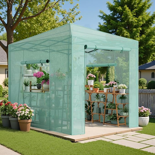 Greesum 8x6 FT Portable Pop-up Greenhouse with Center Lock, PE Cover, Zippered Door and 2 Roll-up Windows, Easy Assemble(Green)