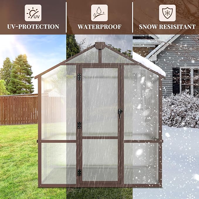 6x8 FT Greenhouse, Wooden Polycarbonate Greenhouse with 6MM Thick Polycarbonate Panel and Adjustable Roof Vents, Walk-in greenhouses for Outdoors for Garden Backyard, Patio, Lawn, Brown