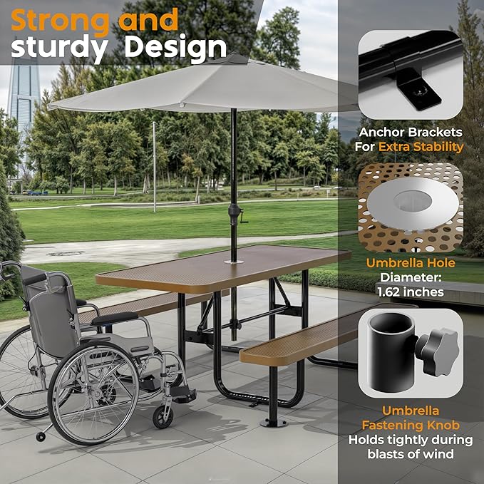 OUTTANS Commercial Heavy-Duty Metal Picnic Table - ADA Compliant, Adjustable Seats, Umbrella Hole (Brown, 6' Rectangular, Punched Steel)