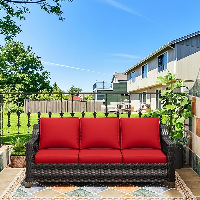 77'' Patio Sofa, All Weather Outdoor Rattan Wicker 3-Seat Sofa High Back Couch with Premium Cushions for Garden Backyard Porch(Brown/Red)
