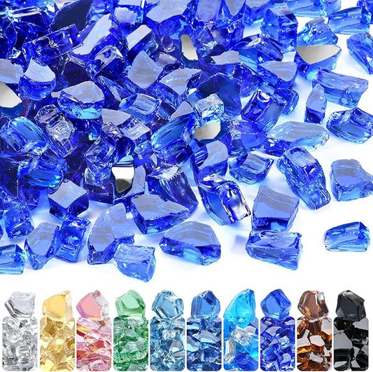 GasSaf 1/2 Inch Fire Glass Reflective Tempered Fireglass Cut Crushed FireGlass for Fire Pit, Fireplace, Replaces Existing Gas Logs & Lava Rocks (20 Pound)(Cobalt Blue Reflective)