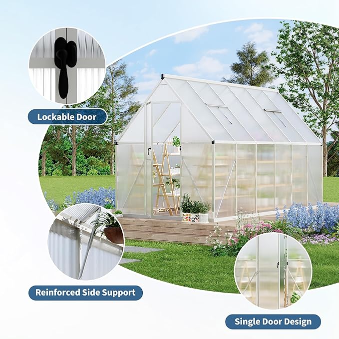 Polycarbonate Greenhouse for Outdoors, Large Walk-InGreenhouse with Quick Setup Structure and Roof Vent, Greenhouse with Ventilation