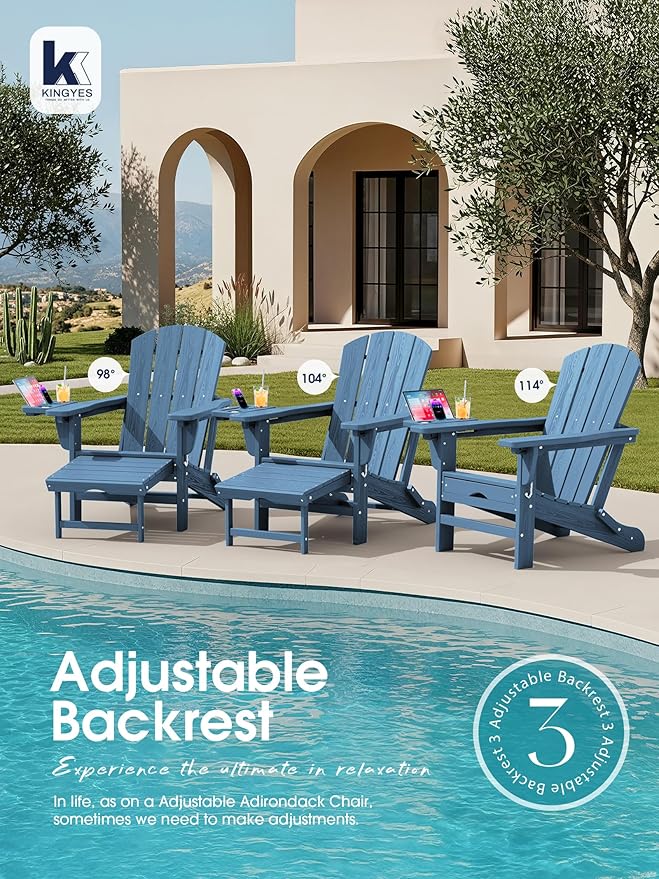 KINGYES Adjustable Folding Adirondack Chair with Footrest & 4-in-1 Multi-Functional Armrest Organizer Set of 4, HDPE Foldable Reclining Adirondack Chair with Pull-Out Ottoman, Blue