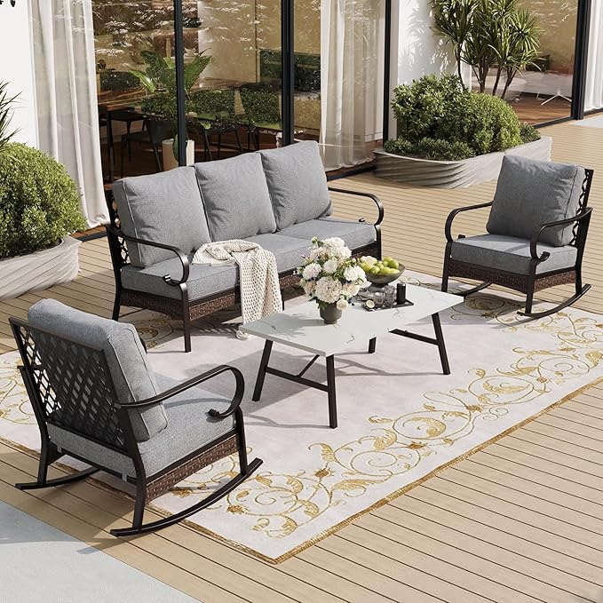 4 PCS Metal Outdoor Patio Furniture Set, Patio Conversation Sets 1 3-Seater Sofa, 2 Rocking Chairs with 5.75" Extra Thick Cushion & Coffee Table, Black Frame Backyard Furniture, Gray