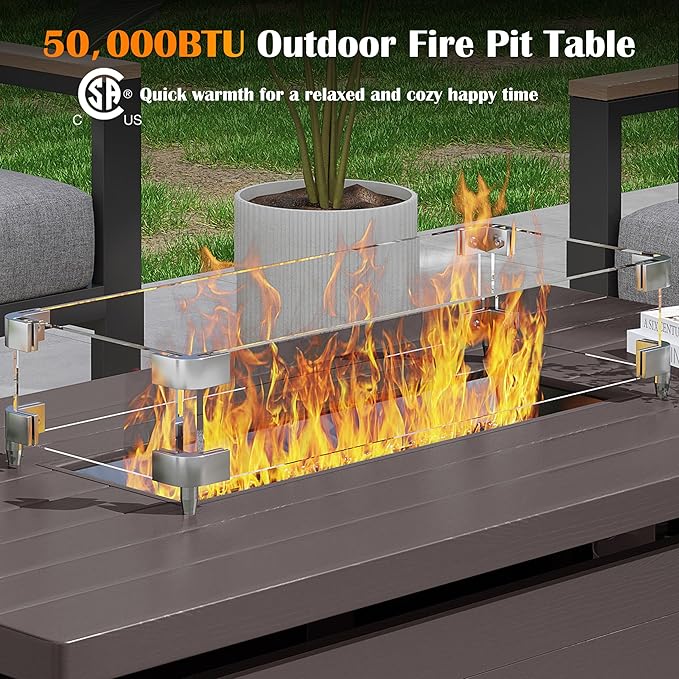 Sundale 51 Inch Outdoor Fire Pit Table, 50,000BTU Rectangle Propane Fire Pit with Sliding Tank Holder, Glass Wind Guard, Removable Lid, CSA Certified, Brown