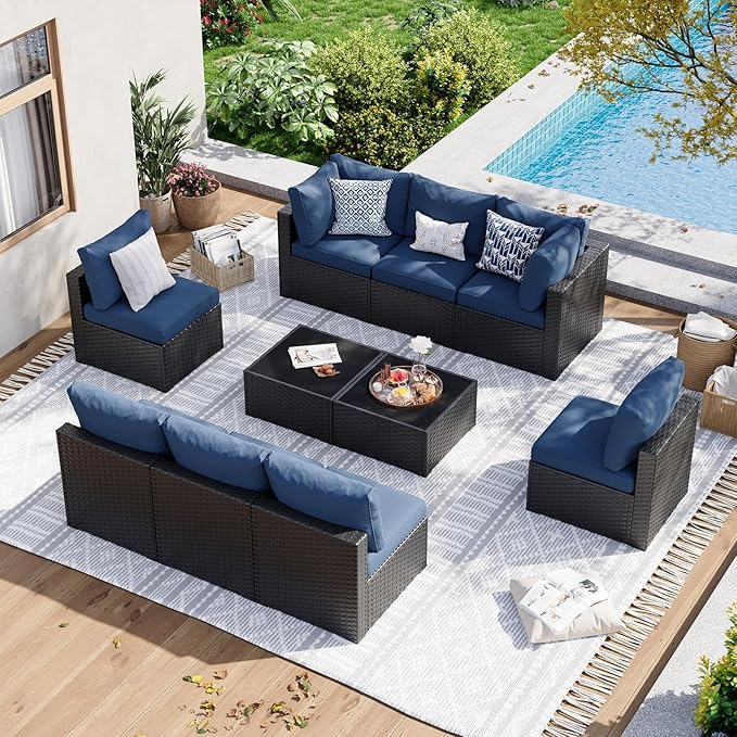 Aoxun 10 Piece Patio Furniture Set Wicker Rattan Patio Sectional Sofa Set Outdoor Seating Furniture with Thickened Cushion, Navy Blue