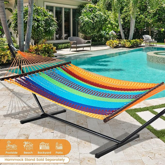 Lazy Daze Hammocks 10.5 FT Double 2 Person Caribbean Rope Hammock, Hand Woven Polyester Hammock with Spreader Bars, for Outside Outdoor Backyard Patio Poolside, 450 LBS Capacity, Multicolor
