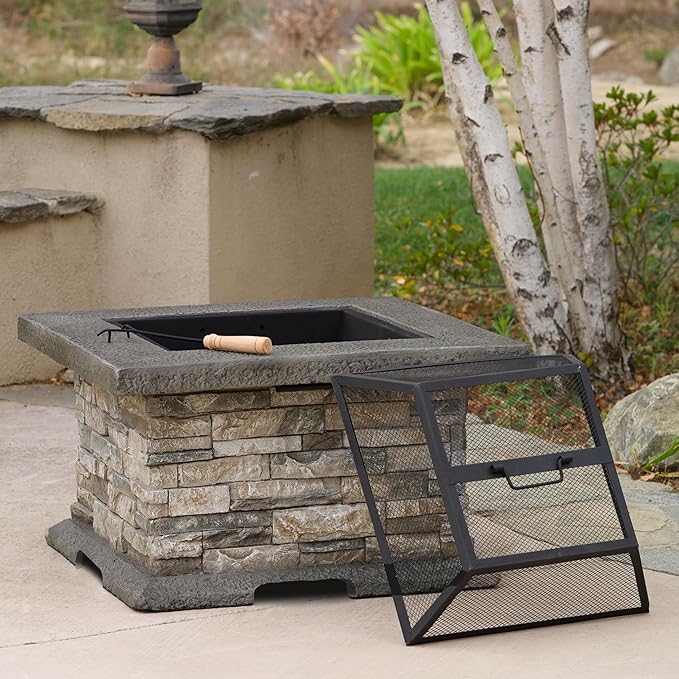 29 Inch Outdoor Fire Pit Table, Wood Burning Fire Pit for Patio with Spark Screen, Fire Poker, MGO Square Fireplaces for Camping, Garden, Backyard, Bonfire Party, Stone Gray
