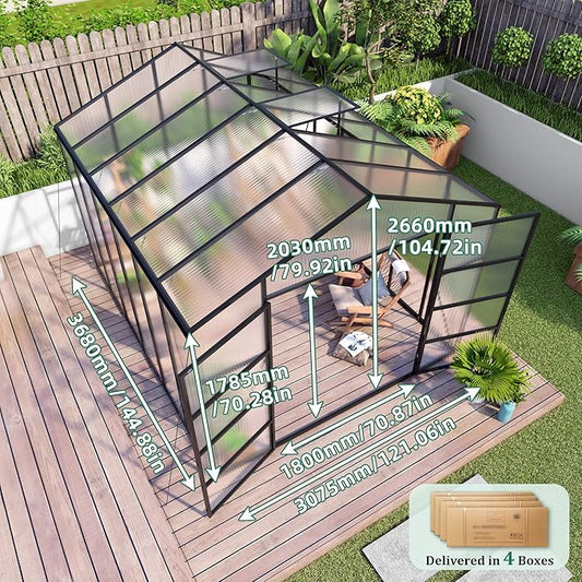 KEIKI 10x12 FT Polycarbonate Greenhouse for Outdoors, Heavy-Duty Aluminum Walk-in Greenhouse with Raised Base, Roof Vent & Drainage System, All-Season Garden Greenhouse, Black