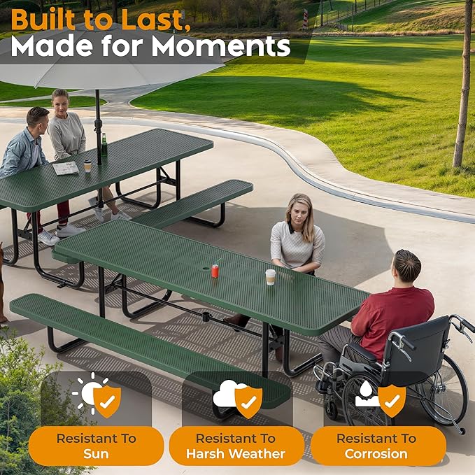 OUTTANS Commercial Heavy-Duty Metal Picnic Table - ADA Compliant, Adjustable Seats, Umbrella Hole (Green, 8' Rectangular, Punched Steel)