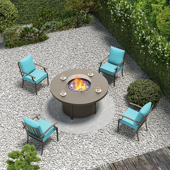 5 Pieces Patio Furniture Set with Round Fire Pit Table, Outdoor Conversation Sets 4 Chairs with Upgrade Cushions for Patio, Backyard Blue