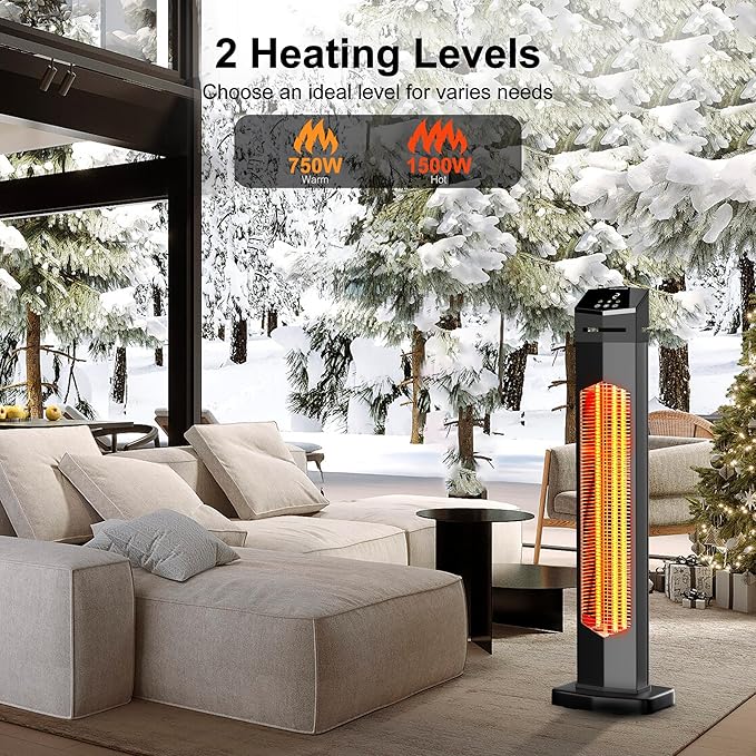 AKIRES Outdoor Electric Patio Heater,37IN 1500W Infrared Tower Heater with Instant Heating,Tip-Over & Overheat Protection,IP54 Waterproof Space Heater For Patio Garage Indoor & Outdoor Use,Matte Black