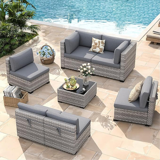 6-Seat Modular Patio Furniture Set – Outdoor Wicker Sectional Sofa with Thick 4″ Cushions, Dual-Strand PE Rattan, Rust-Resistant 18 mm Steel Frame, Backyard Garden Deck Lounge,Gray