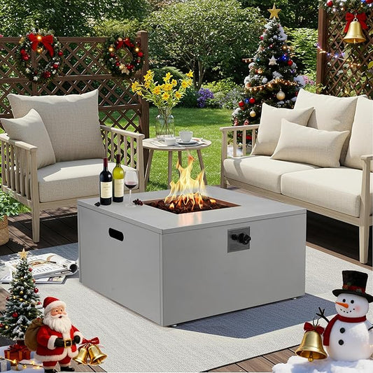 ECOTOUGE 32" Square Propane Fire Pit Table, 50,000 BTU Outdoor Gas Fire Pit with Lid, Steel Fireplace w/Weather-Resistant Pit Cover, Lava Rocks for Patio, CSA Certified, Grey