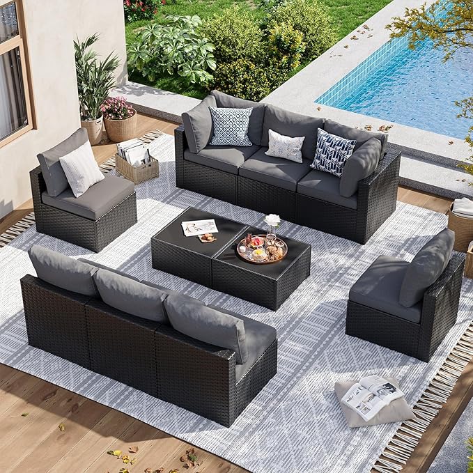 Aoxun 10 Piece Patio Furniture Set Wicker Rattan Patio Sectional Sofa Set Outdoor Seating Furniture with Thickened Cushion, Grey