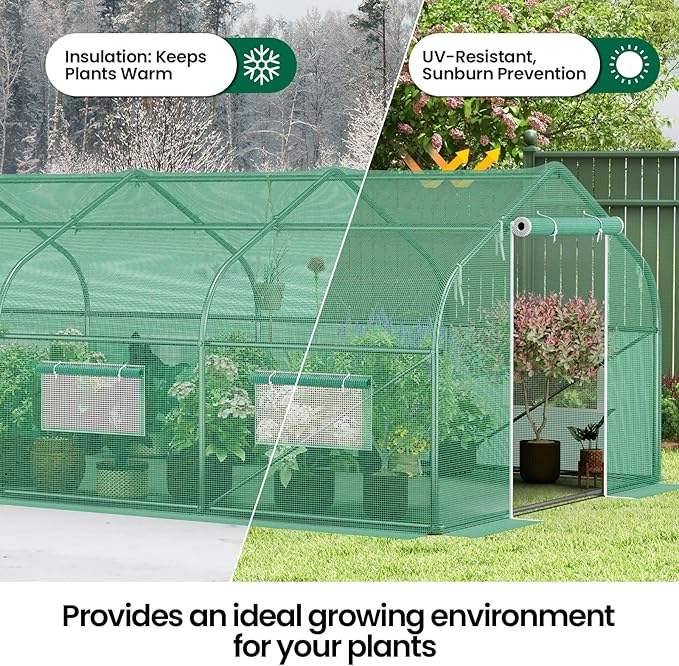 Walk-in Greenhouse 10×20×7FT, Outdoor Tunnel Greenhouse, Large Plant Hoop House for Outside, Hot House for Winter with 6 Ventilated Mesh Windows, Galvanized Steel Frame (Green, 20×10×7FT)