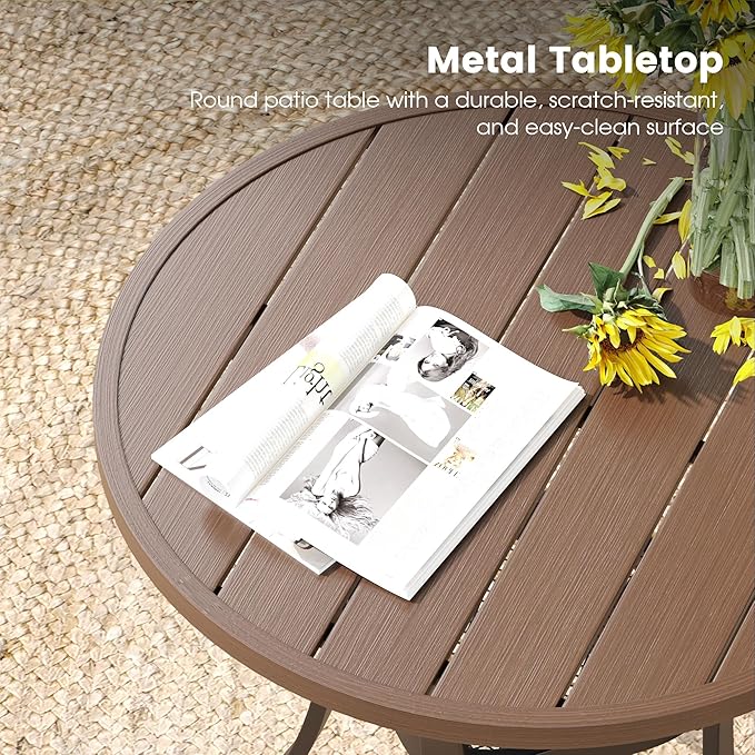 DIFY 27.6" Round Patio Dining Table, Outdoor Bistro Table with Rust Resistant Metal Frame, Ideal for Lawn, Backyard and Deck, Walnut