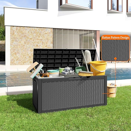 120 Gallon Resin Deck Box, Lockable Patio Outdoor Storage Box for Furniture, Garden Tools and Tools Storage, Waterproof Outside Storage Boxes - Black