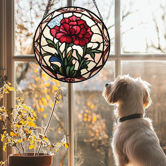 AMDERVEN Stained Glass Window Hanging - Red Carnation Birth Flower Sun Catcher for Door Garden Home Decor Suncatcher Christmas Mother's Day Birthday Gifts for Women Men Mom Nana Friend Wife 11.8 in