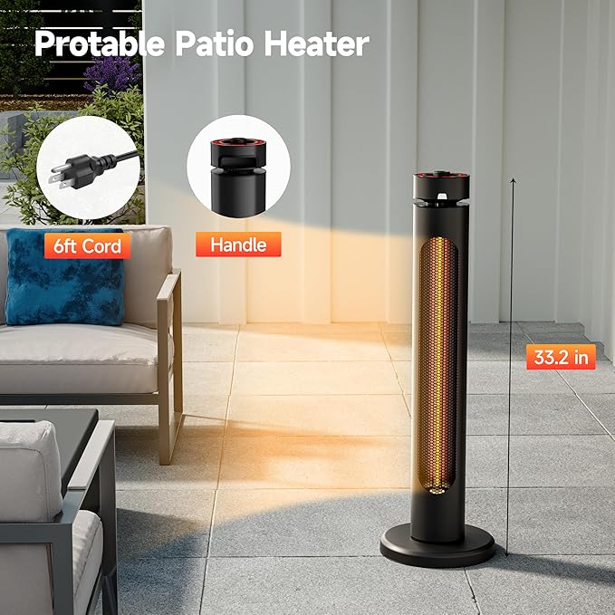 Portable Heater Outdoor Infrared 1500W 8 Heat Levels 8H Timers Carbon Fiber Tube Tip-Over&Overheat Protection IP45 Waterproof Electric Garden Heater, Deep Black
