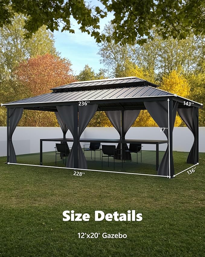 GarveeLife Hardtop Gazebo 12 ft x20 ft for All Weather, with Double Metal Roof, Aluminum Alloy Frame, Net, and Curtain, Permanent Building for Patio, Deck, Backyard, Lawn, and Garden