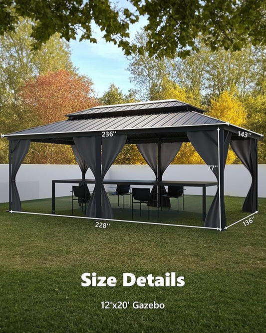 GarveeLife Hardtop Gazebo 12 ft x20 ft for All Weather, with Double Metal Roof, Aluminum Alloy Frame, Net, and Curtain, Permanent Building for Patio, Deck, Backyard, Lawn, and Garden