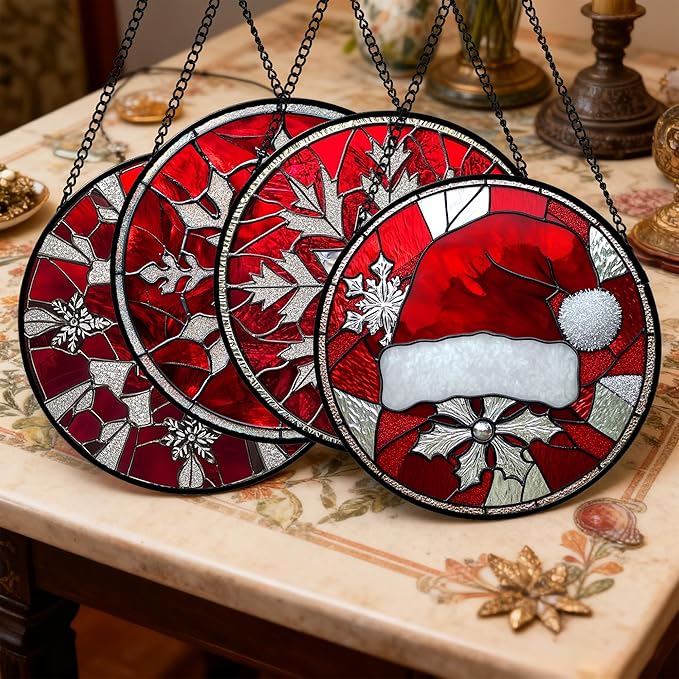 DASTOLL Stained Glass Window Hanging 4 Pcs Set Red Christmas Decorations Theme Large 15" - Suncatcher Door Garden Sun Catcher Decor Birthday for Mom Woman Nana Men Friend Wife